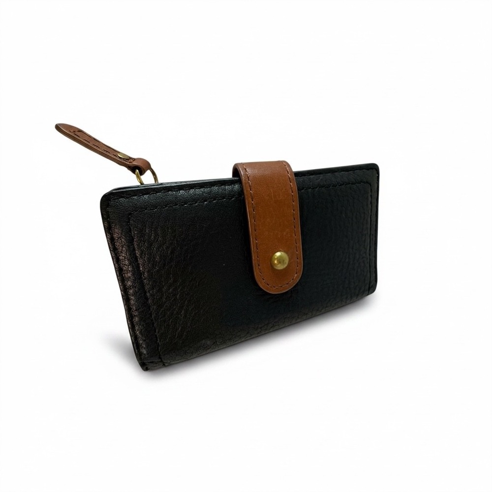 Fossil Black Brown Leather Trifold Snap Wallet Storage Travel Western
